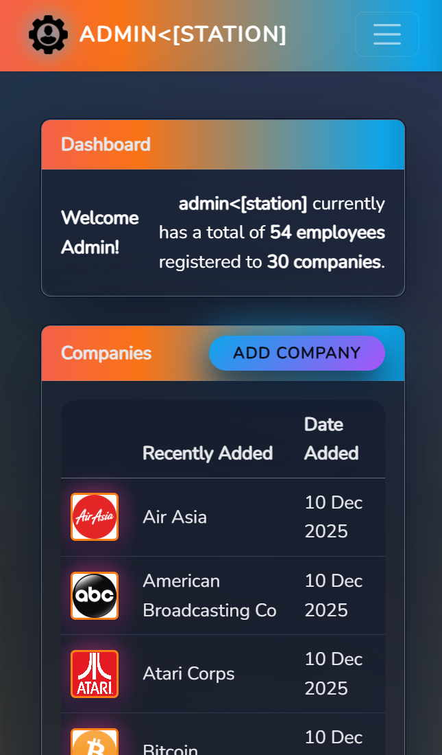 Screenshot of Admin Station web app