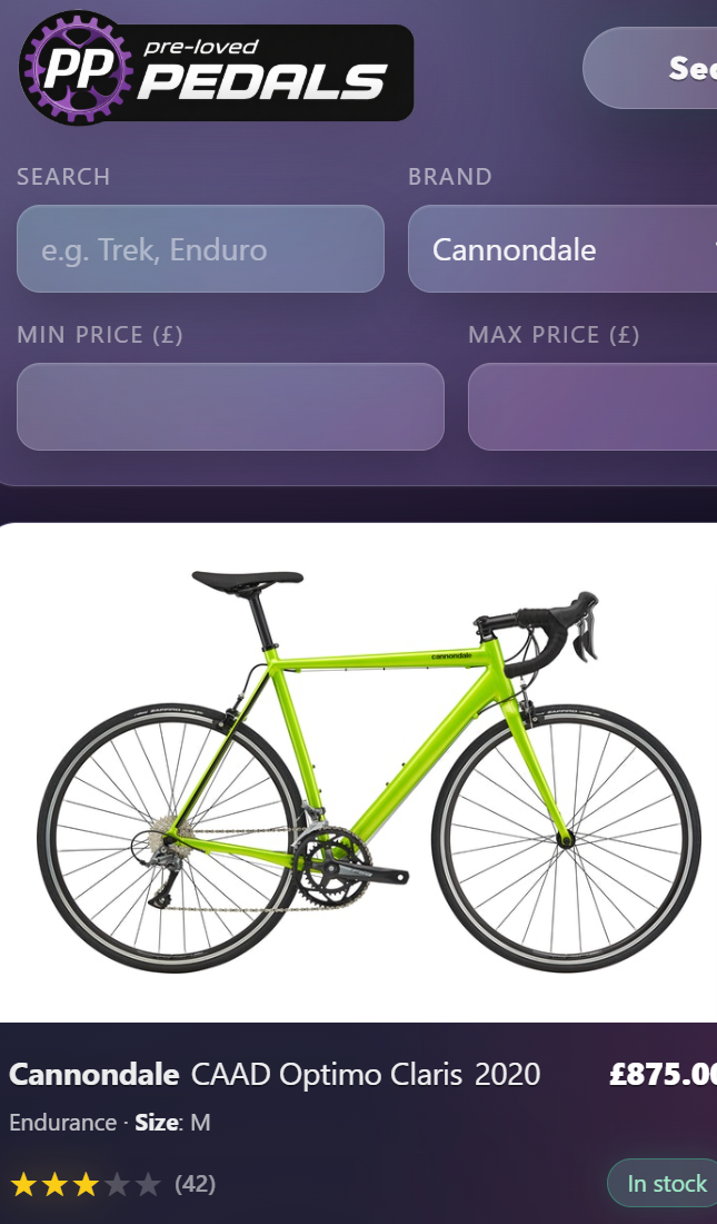 Screenshot of the Pre-loved Pedals used bike catalogue demo